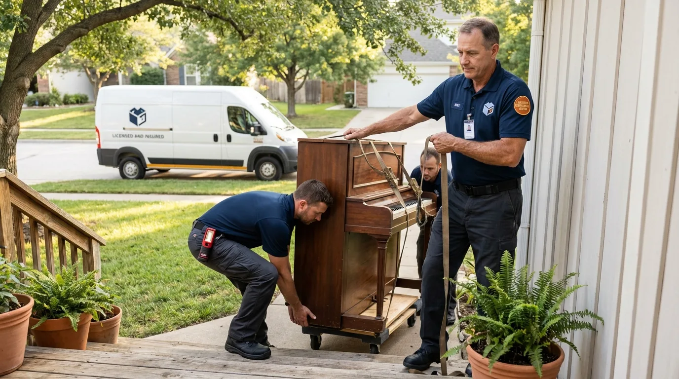 Licensed piano movers securing grand piano in Clinton, MO