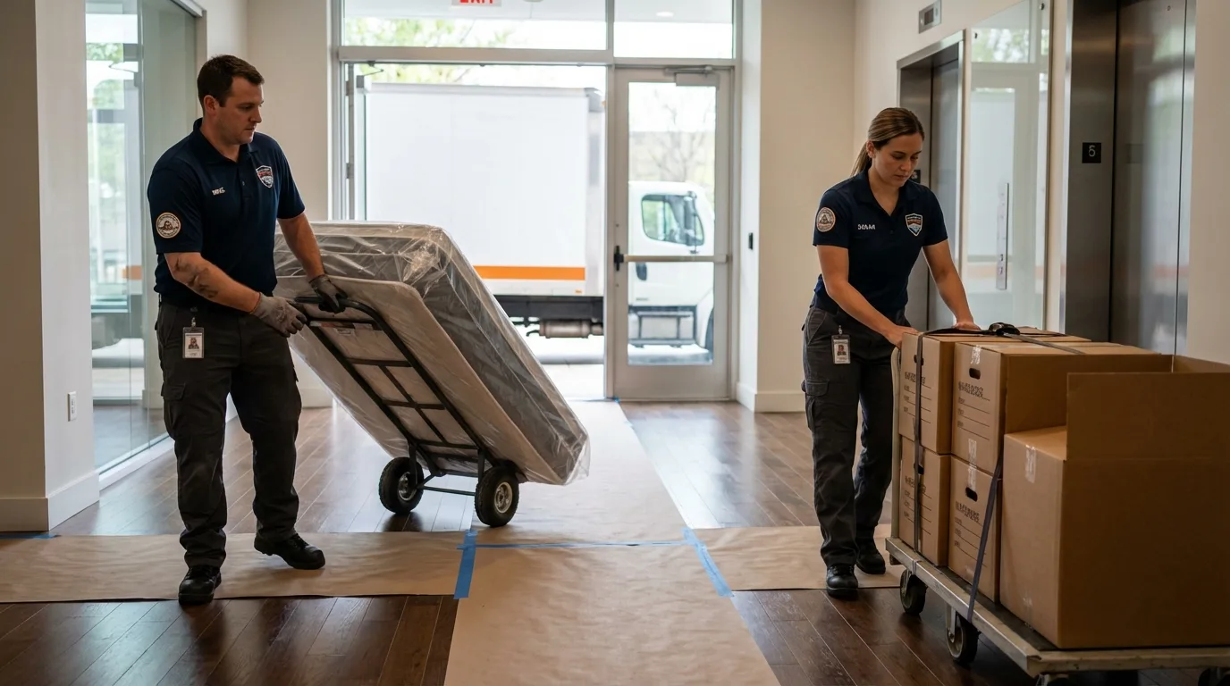 Professional apartment movers loading elevator in Clinton, MO